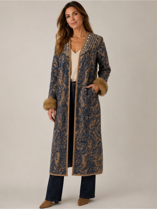 Chico's Sweaters - Chico’s Size 3 Long Embellished Duster Cardigan Coat Faux Fur Cuffs Blue Tan
